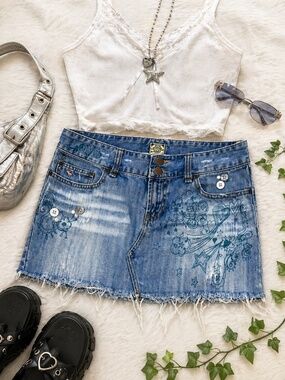 Y2K Denim Mini Skirt Size 4 Floral Star Print Fairy Grunge Distressed